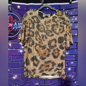 NWOT Origami Sequin Leopard Print Short Sleeve Top - Gold, Black brown -large